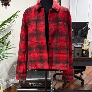 J. Jill Brushed Jacket Button Front Shacket Red Black Plaid Sz Large like new